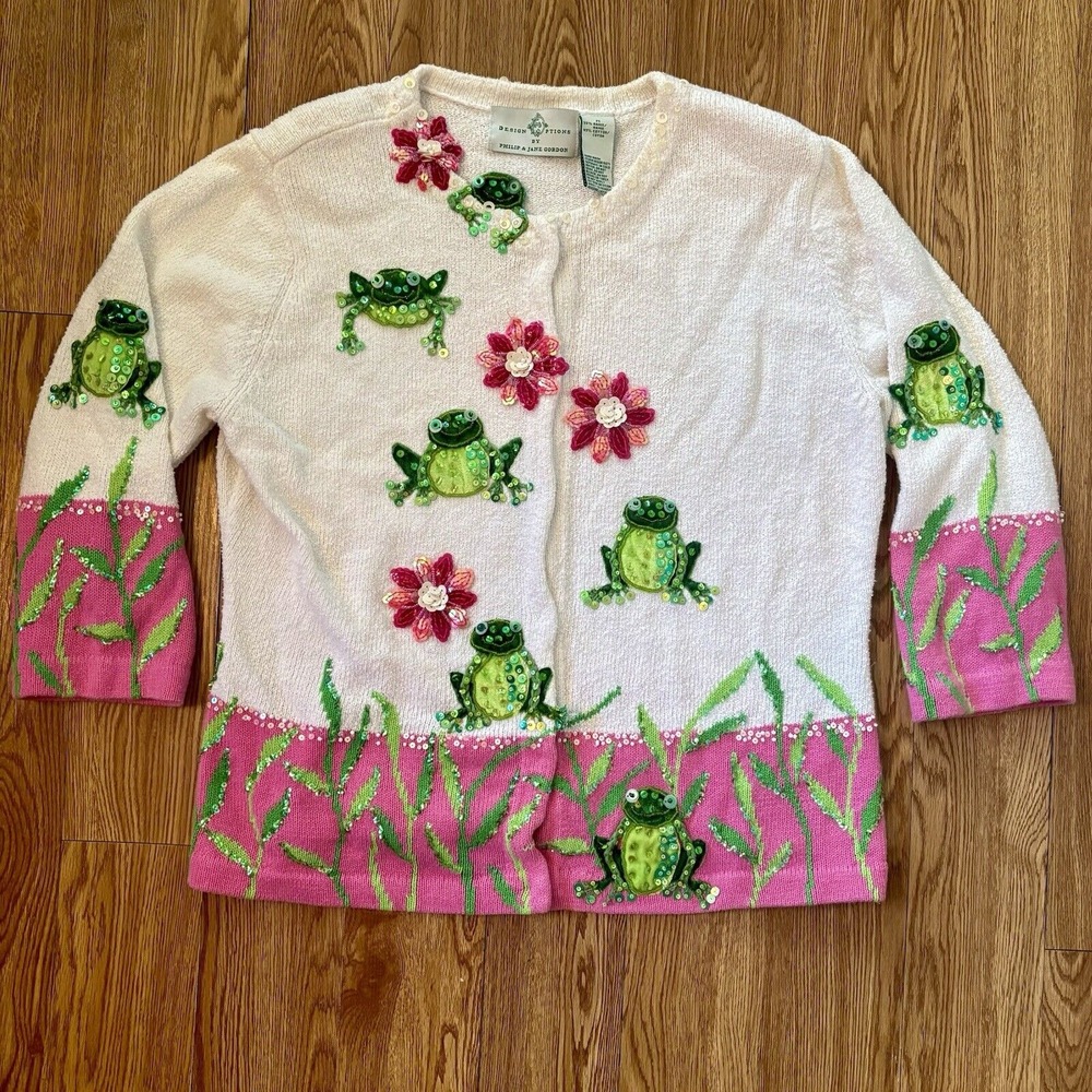 Design‎ Options By Phillip & Jane Gordon VTG Frog Sweater With Beaded Flowers M